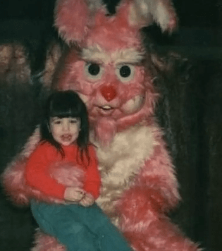 blood red bunny with little girl