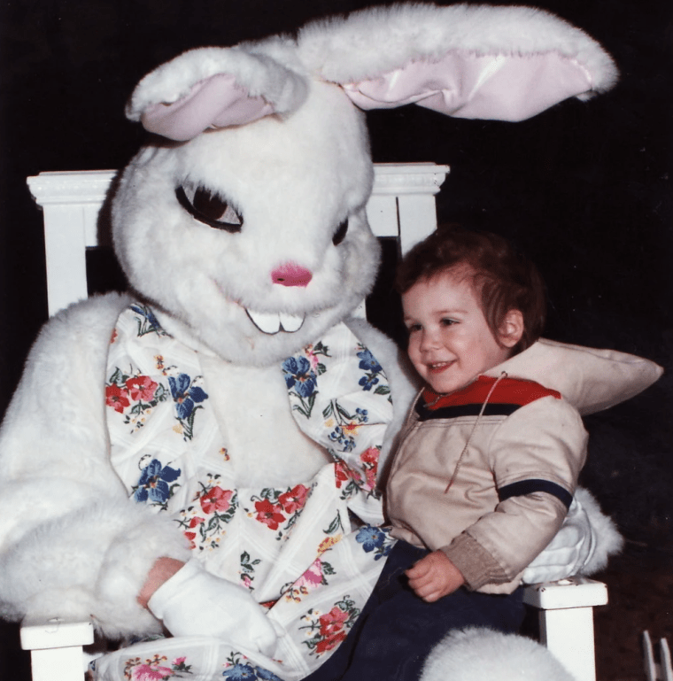 creepy bunny leering at boy