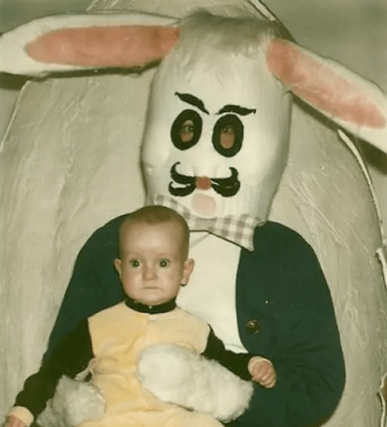 creepy bunny holding baby
