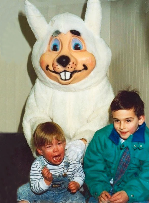 Easter Bunny with weird hard mask with screaming child