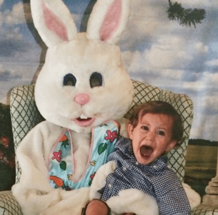 kid screaming and trying to get away from bunny